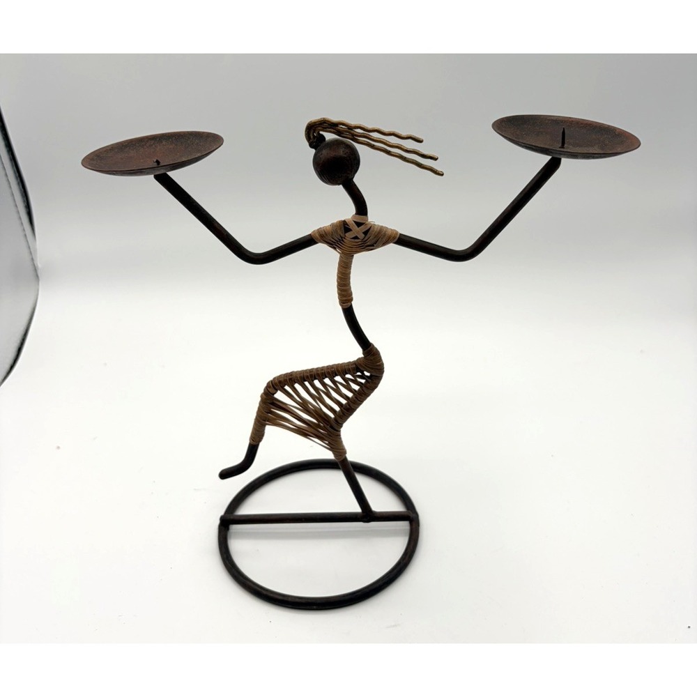 African Folk Art Tribal Dance Wrought Iron & Rattan Candle Holder